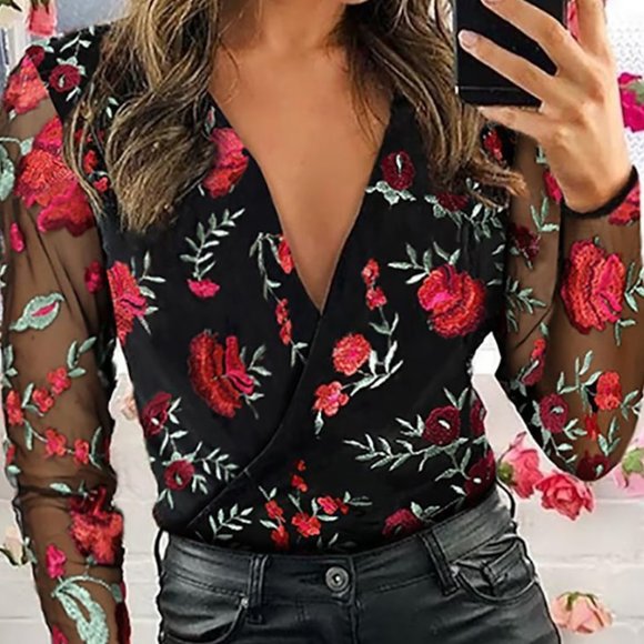 CHICME Tops - Women's Shirt Blouse Red Blue Mesh Print Floral Casual Daily Long Sleeve V Neck